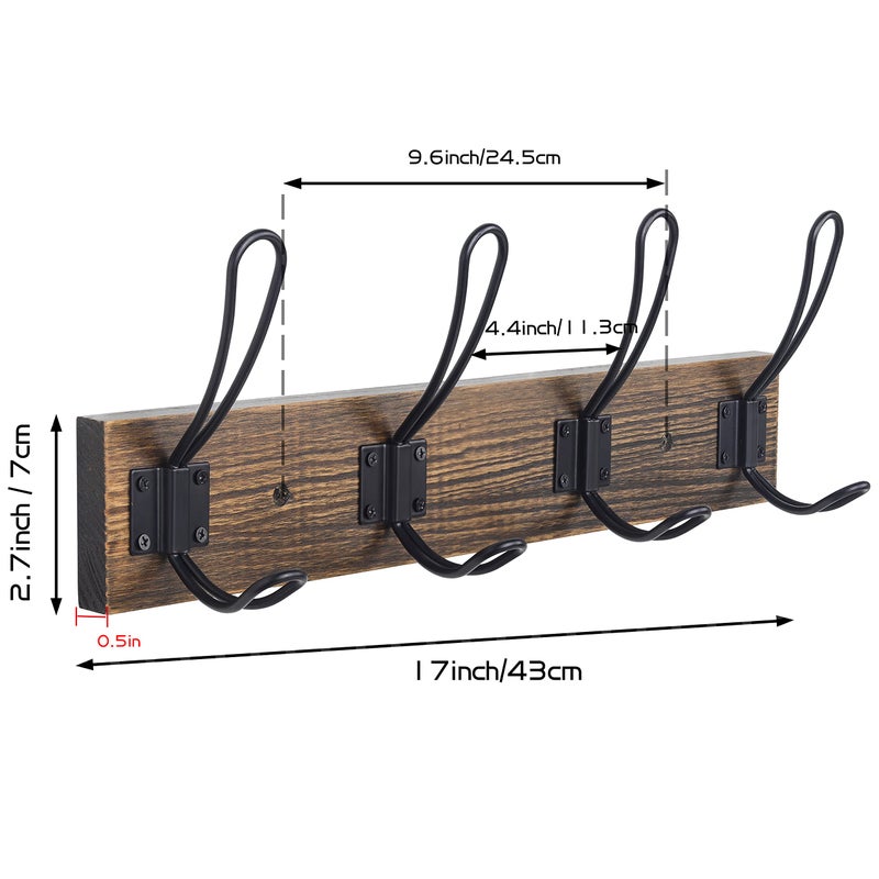 Homagic Rustic Wall Mounted Coat Hook with 4 Farmhouse Hooks - Solid Pine Wood Towel and Coat Rack for Bathroom, Entryway, Kitchen - Brown - Image 2